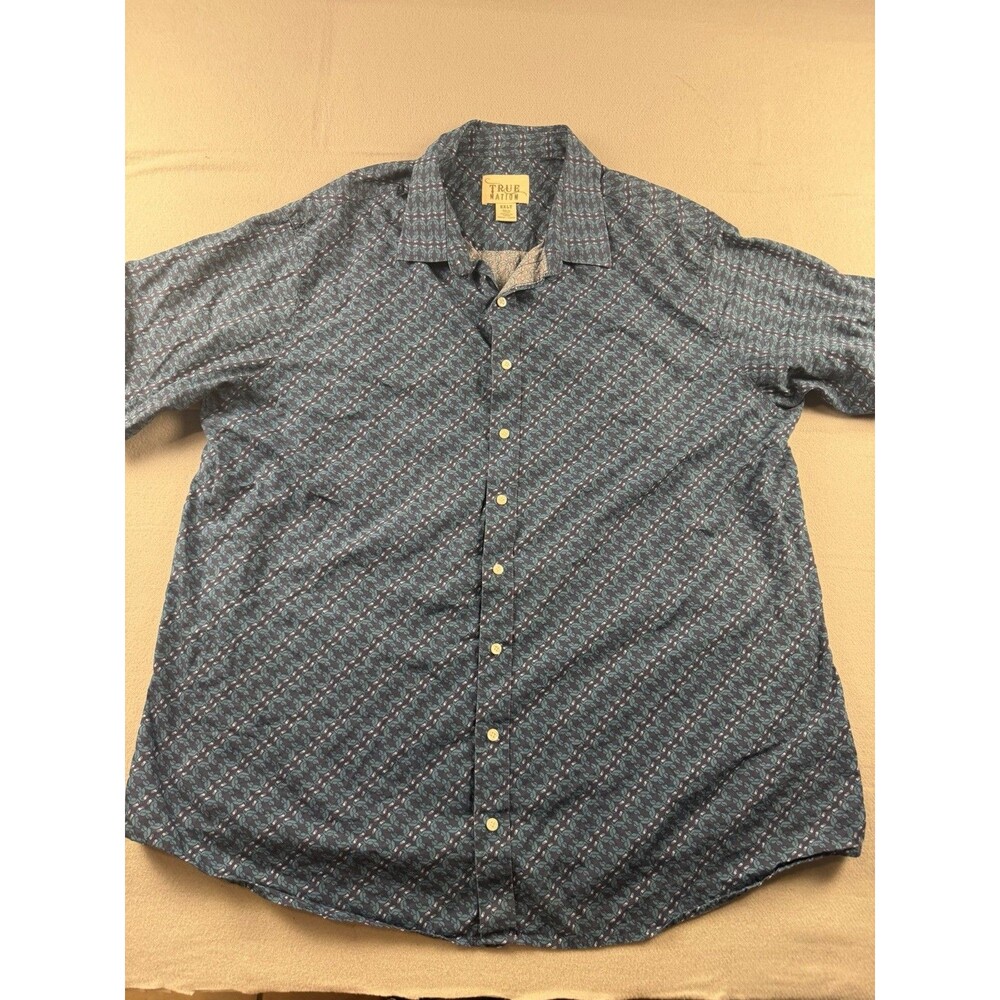 True Nation Men's Blue Teal Geometric Woven Short Sleeve Button-Up Shirt 2XLT